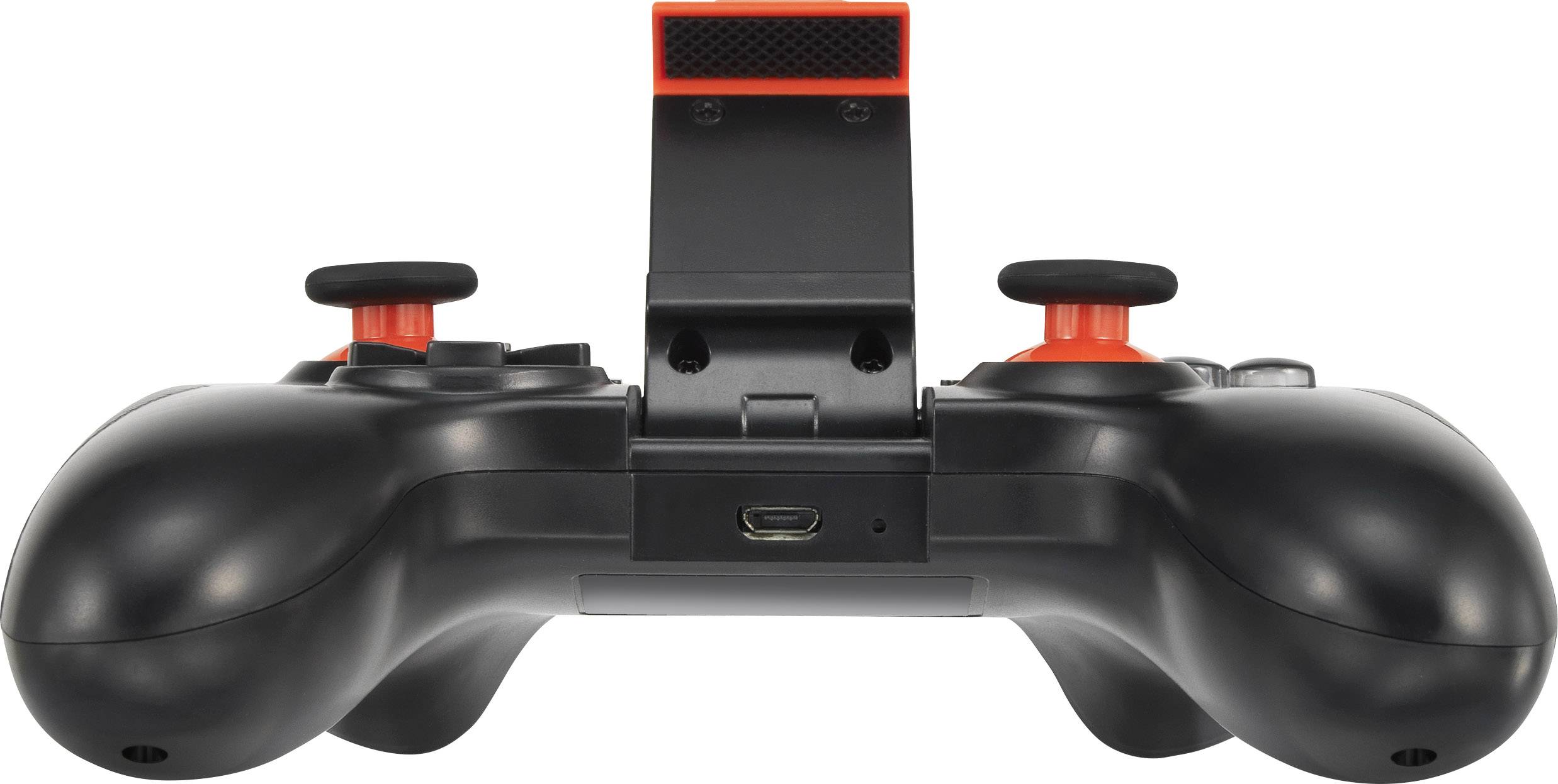 Een zwarte gamingcontroller met rode joysticks en een houder voor een mobiel apparaat, vooraanzicht.