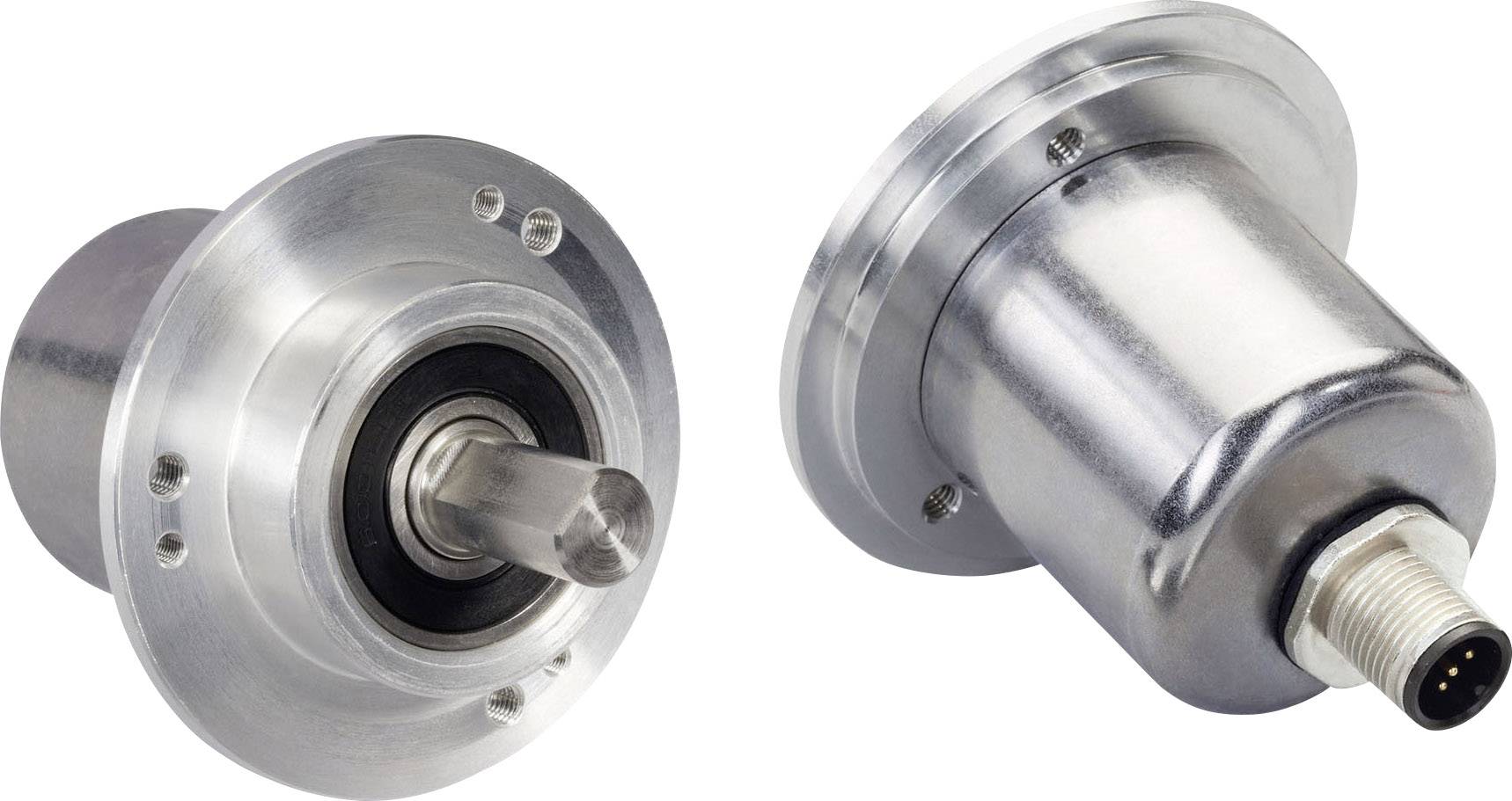 Twee cilindrische metalen onderdelen met aansluitbus en aselement; mogelijk machineonderdelen.