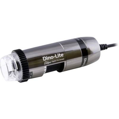 Een handzame, cilindrische digitale microscoop met het opschrift 'Dino-Lite Edge Digital Microscope', aangesloten via een kabel.