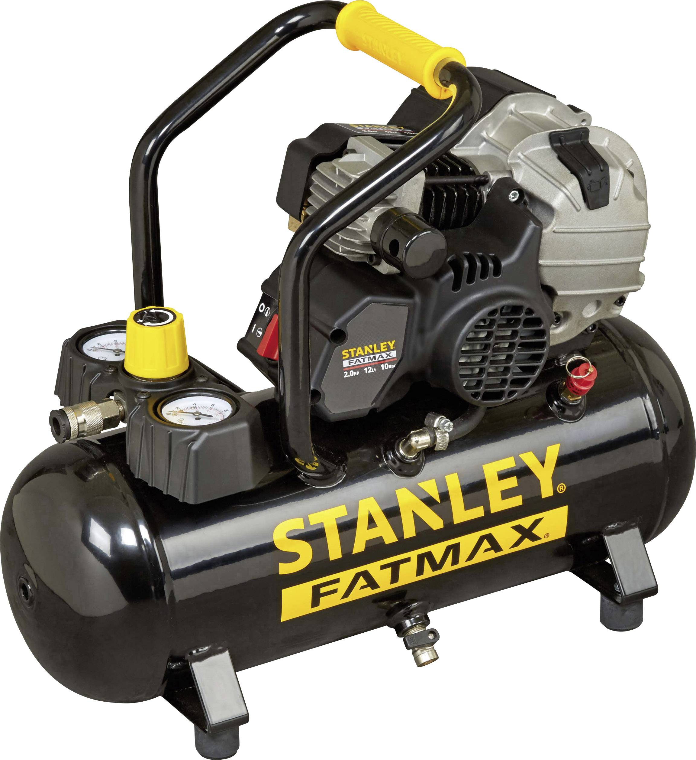 Een zwarte 'Stanley Fatmax' compressor met twee manometers, gele handgreep en zilveren motor.
