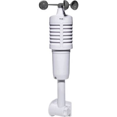 Een wit anemometer voor het meten van windsnelheid. Het heeft draaibare schotels bovenaan en is compact ontworpen.