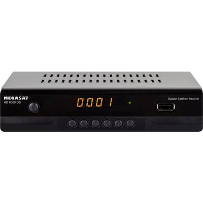 Een digitale satellietontvanger, model HD 6000 DS, met een verlichte display '0001' en meerdere bedieningsknoppen aan de voorkant.