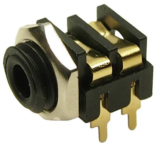 Een 3,5-mm-jackplug met drie metalen contacten en een zwarte isolator. Wordt gebruikt voor signaaloverdracht in elektronische apparaten.