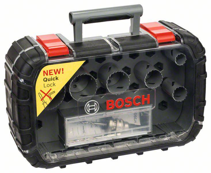 'Bosch gatenzaagset met Quick Lock functie in een zwarte draagkoffer.'