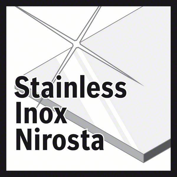De afbeelding toont een glanzende RVS-plaat met de opschrift 'Stainless Inox Nirosta'.