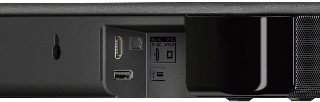 De achterkant van een soundbar toont HDMI- en USB-poorten, evenals symbolen voor netwerk- en stroomaansluitingen.