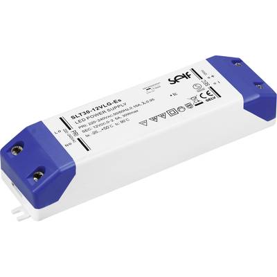 Een rechthoekige LED-voeding met blauwe uiteinden en een wit middendeel; technische specificaties zijn afgedrukt op de bovenzijde.