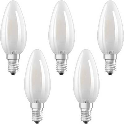 Vijf peervormige LED-lampen met zilveren voet, gerangschikt in twee rijen, op een witte achtergrond.