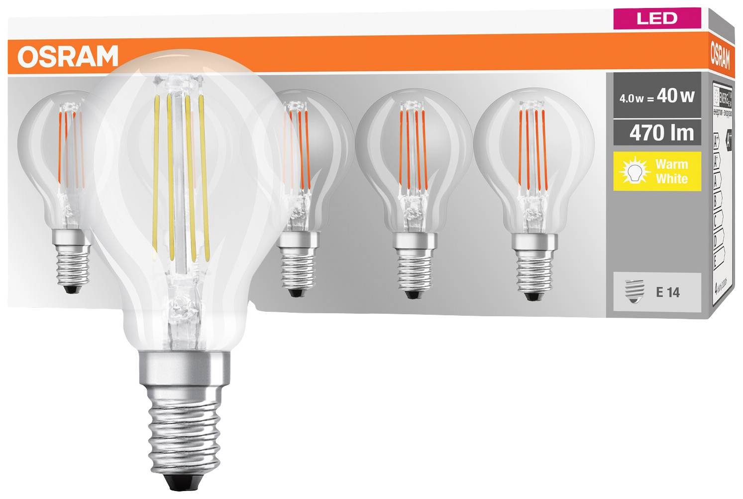 Een verpakking met vijf LED-lampen van het merk Osram. Elke lamp heeft 4W, komt overeen met 40W, geeft warm wit licht met 470 lumen. E14-fitting.