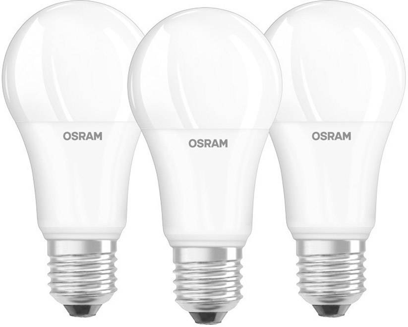 Drie witte LED-lampen van OSRAM met standaard E27-schroefaansluiting, naast elkaar geplaatst.