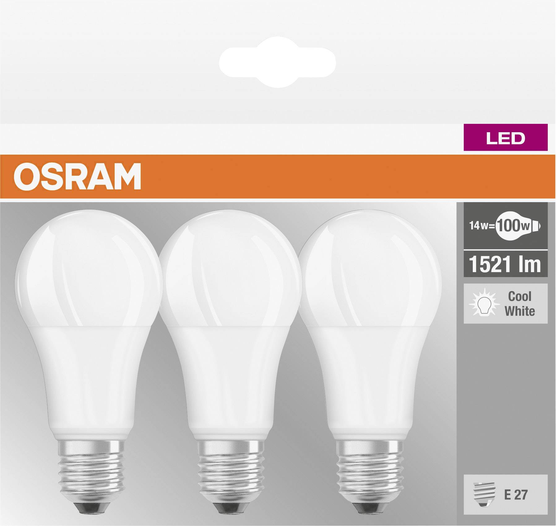 Drie witte LED-lampen in een verpakking van 'OSRAM', 1521 lm, 14 W vervangt 100 W, E27-fitting, koelwitte lichtkleur.