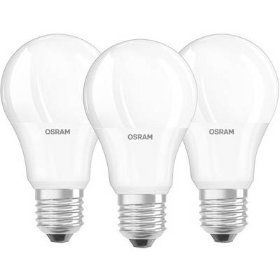 Drie witte OSRAM LED-lampen met E27-fittingen naast elkaar, energiezuinig en met een lange levensduur, geschikt voor binnenverlichting.