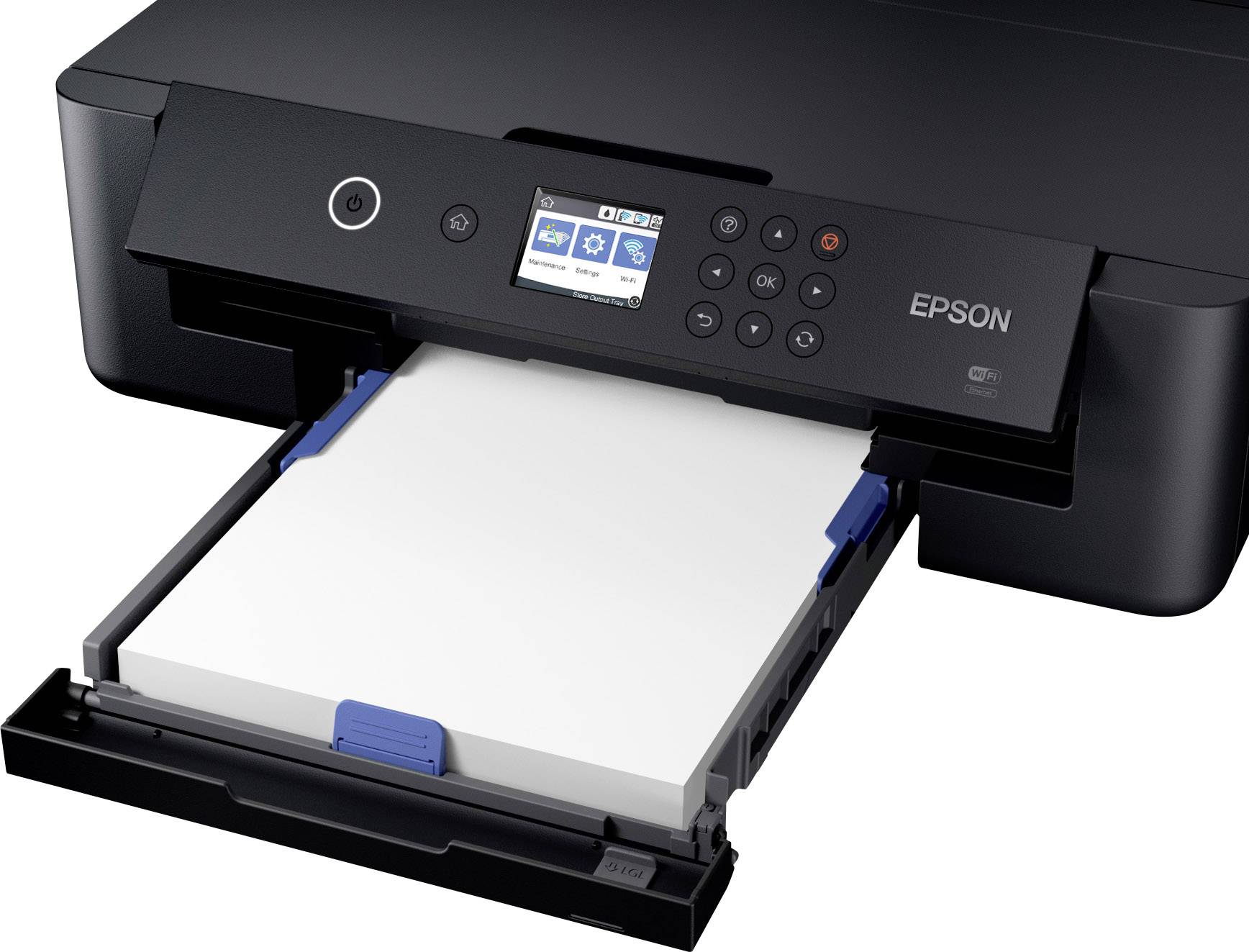 Een zwarte printer met een geopende papierlade. Op het display zijn menuiconen zichtbaar die de status en opties weergeven.