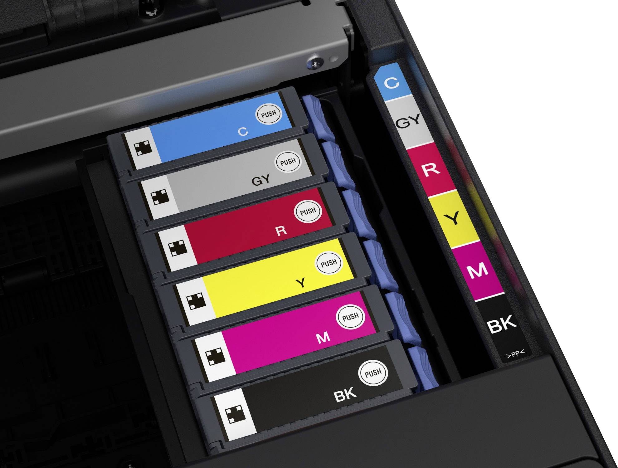 Inktpatronen van een printer in de kleuren Cyaan, Grijs, Geel, Magenta en Zwart, netjes gerangschikt in een lade.