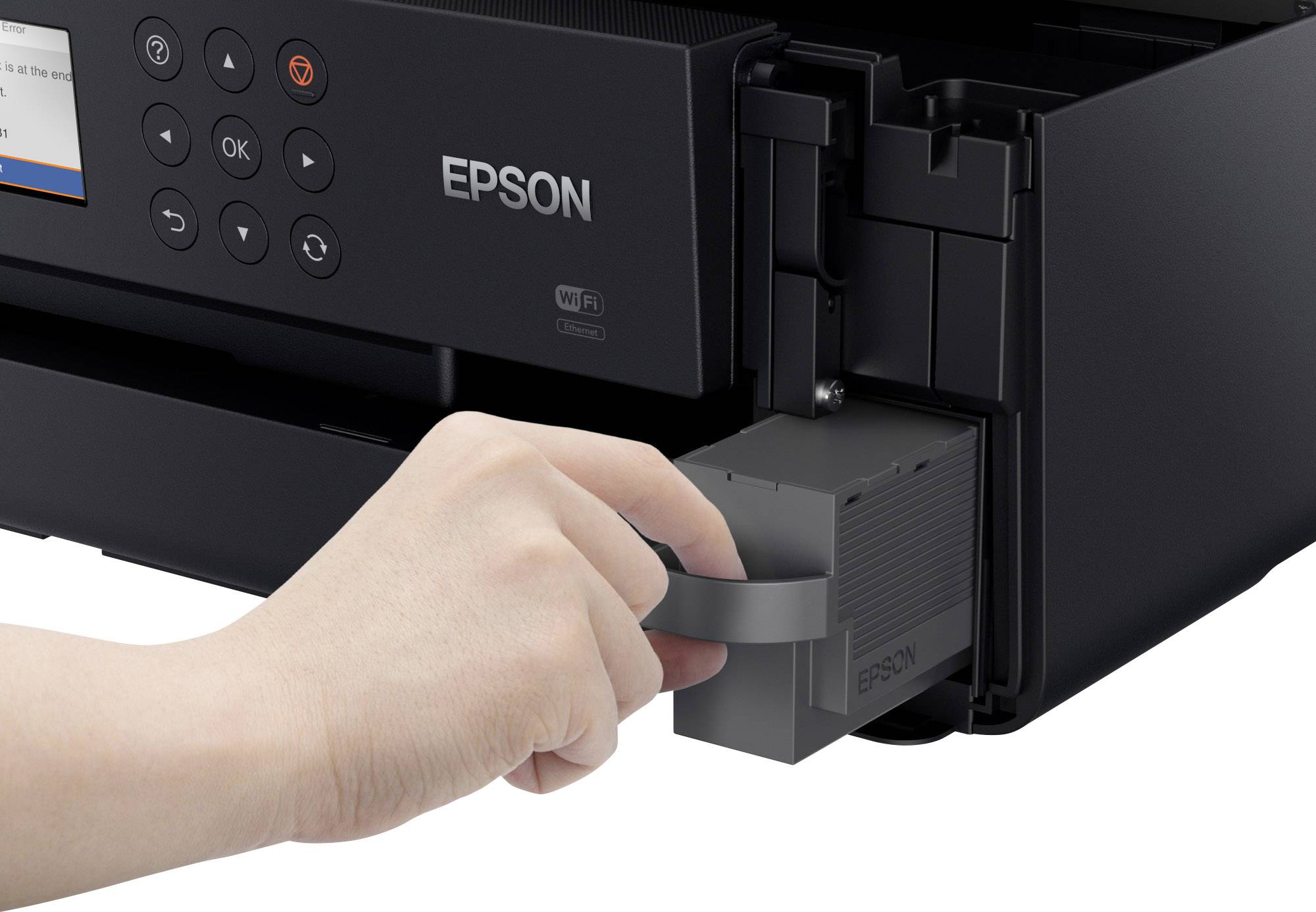 Een hand haalt een Epson-inktpatroon uit een printer.