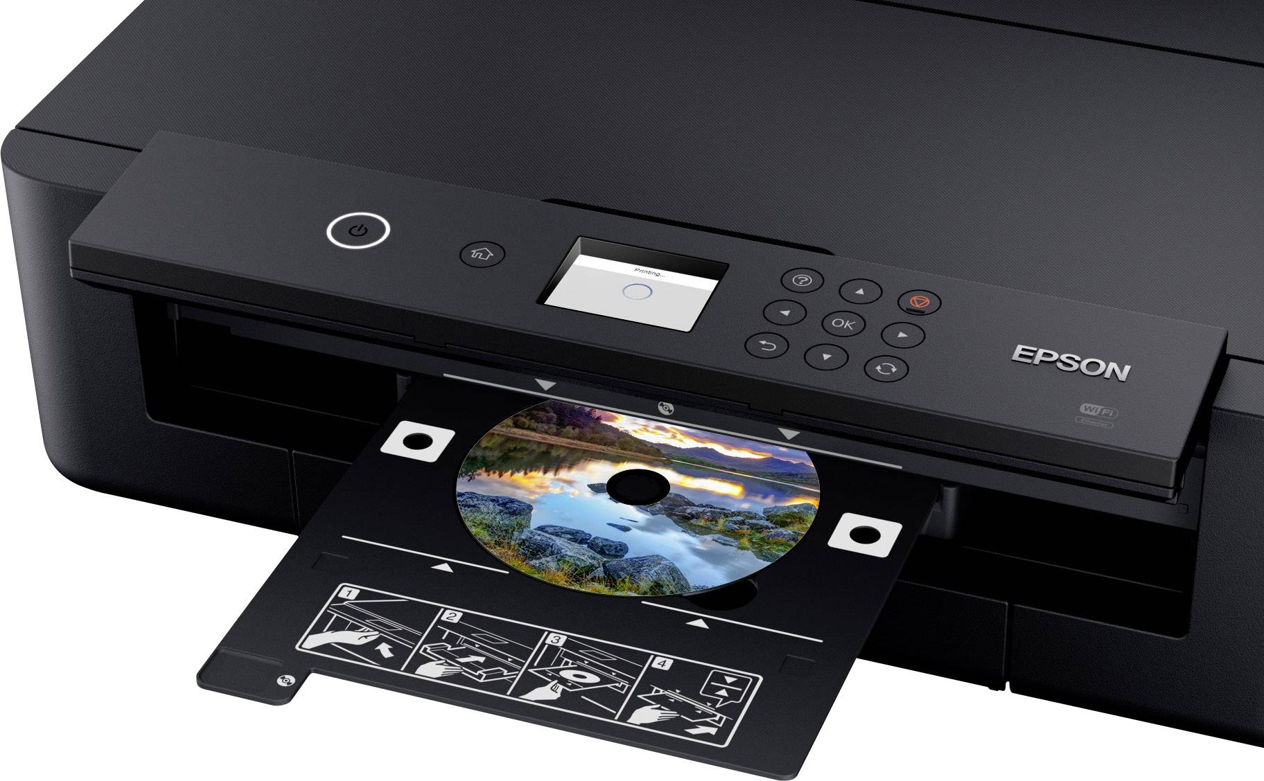 Een inkjetprinter drukt een afbeelding af op een cd. De bedieningsknoppen en het cd-vak zijn zichtbaar.