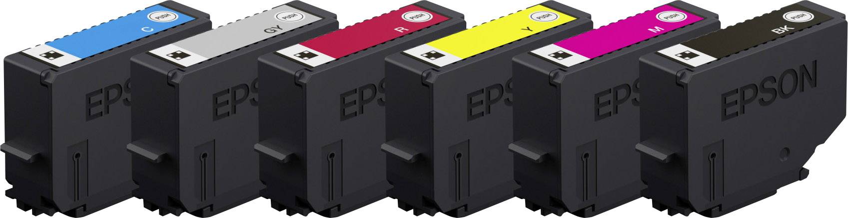 Zes EPSON printpatronen naast elkaar gerangschikt in de kleuren Cyaan, Grijs, Geel, Magenta, Zwart en Foto Zwart.