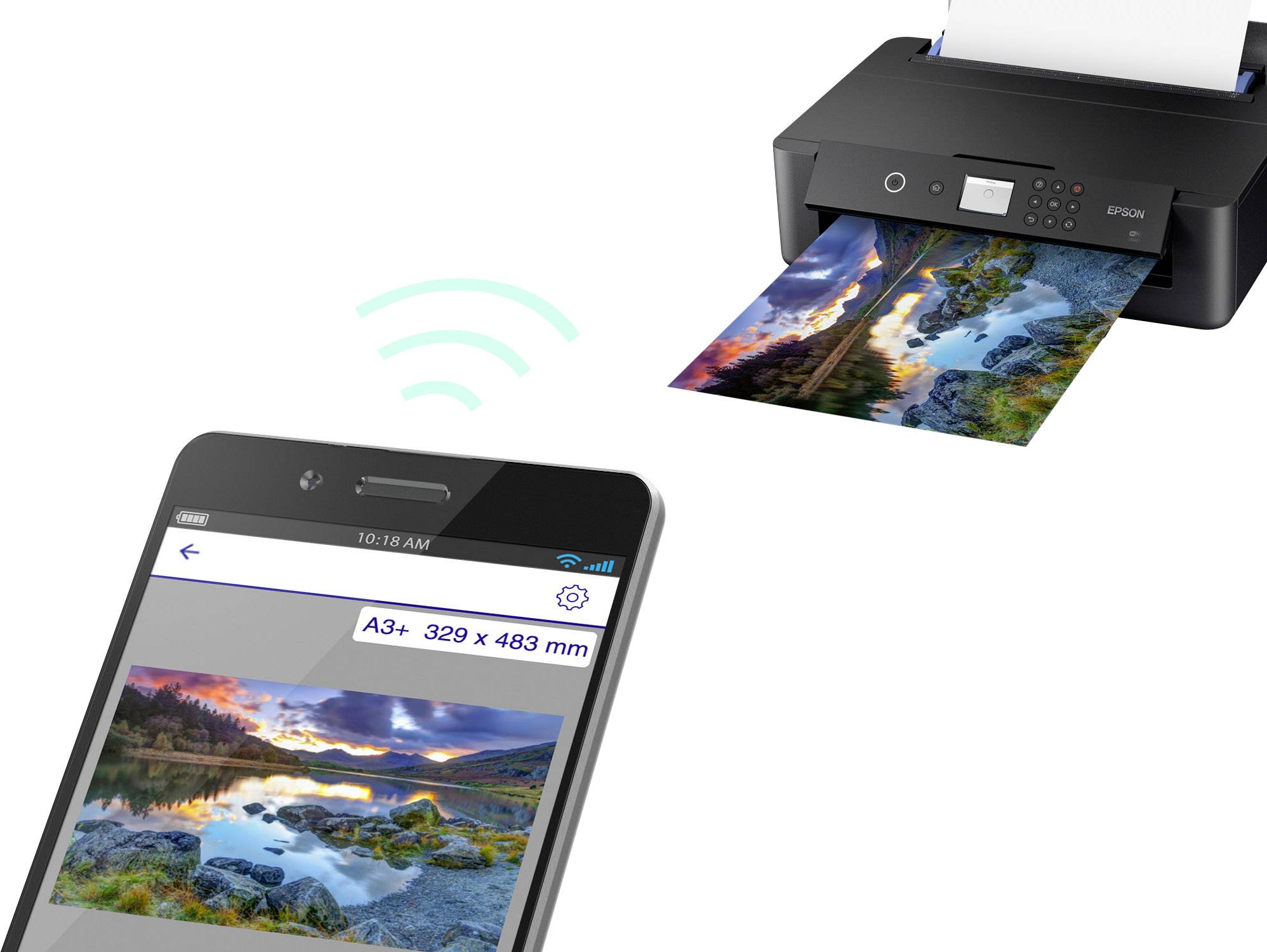 Smartphone stuurt foto draadloos naar printer; Foto toont landschap met bergen en meer. Printer drukt identiek beeld af.
