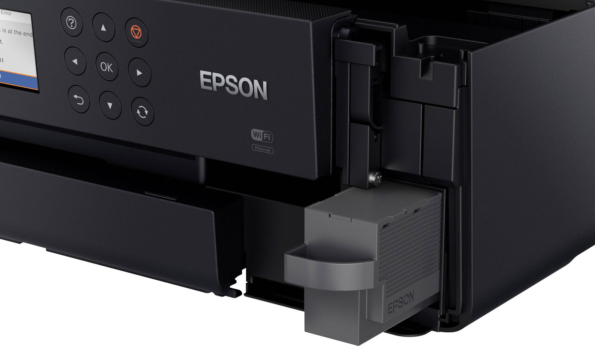 Een zwarte Epson-printer met een geplaatste inktcartridge en zichtbare bedieningselementen.