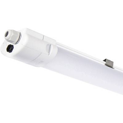 Een witte LED-buis met gemonteerde bevestiging en elektrische aansluitingen aan de linkerkant.