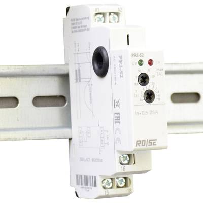 Een elektronisch beveiligingsrelais, model PR-1-52, gemonteerd op een DIN-rail. Het toont technische details en aansluitingen.