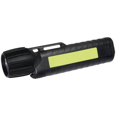 Een zwarte zaklamp met gegroefde handgreep en geel etiket, geschikt voor buitenactiviteiten of noodgevallen.