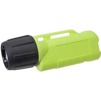 Een compacte, groen-zwarte zaklamp, geschikt voor gebruik onder water, met een robueste behuizing en ergonomische handgreep.