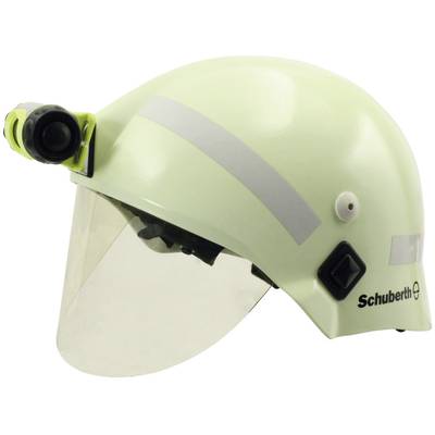 Een brandweerhelm met vizier en lamp aan de zijkant, merk 'Schuberth', afgebeeld aan de rechterkant.