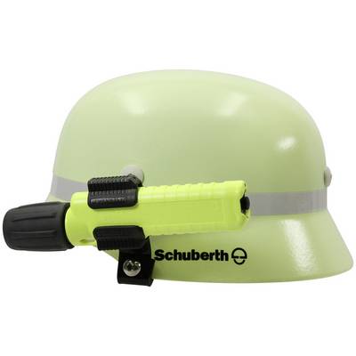 Een witte veiligheidshelm met een lichtgroene zaklamp aan de zijkant, gemarkeerd met het 'Schuberth' logo.