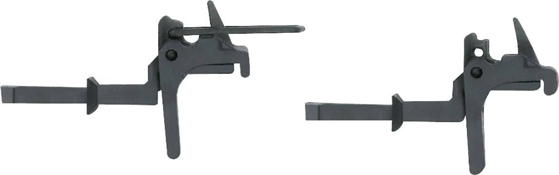 Twee zwarte silhouetfiguren in verschillende posities, waarschijnlijk onderdelen van een mechanisch apparaat, tegen een witte achtergrond.
