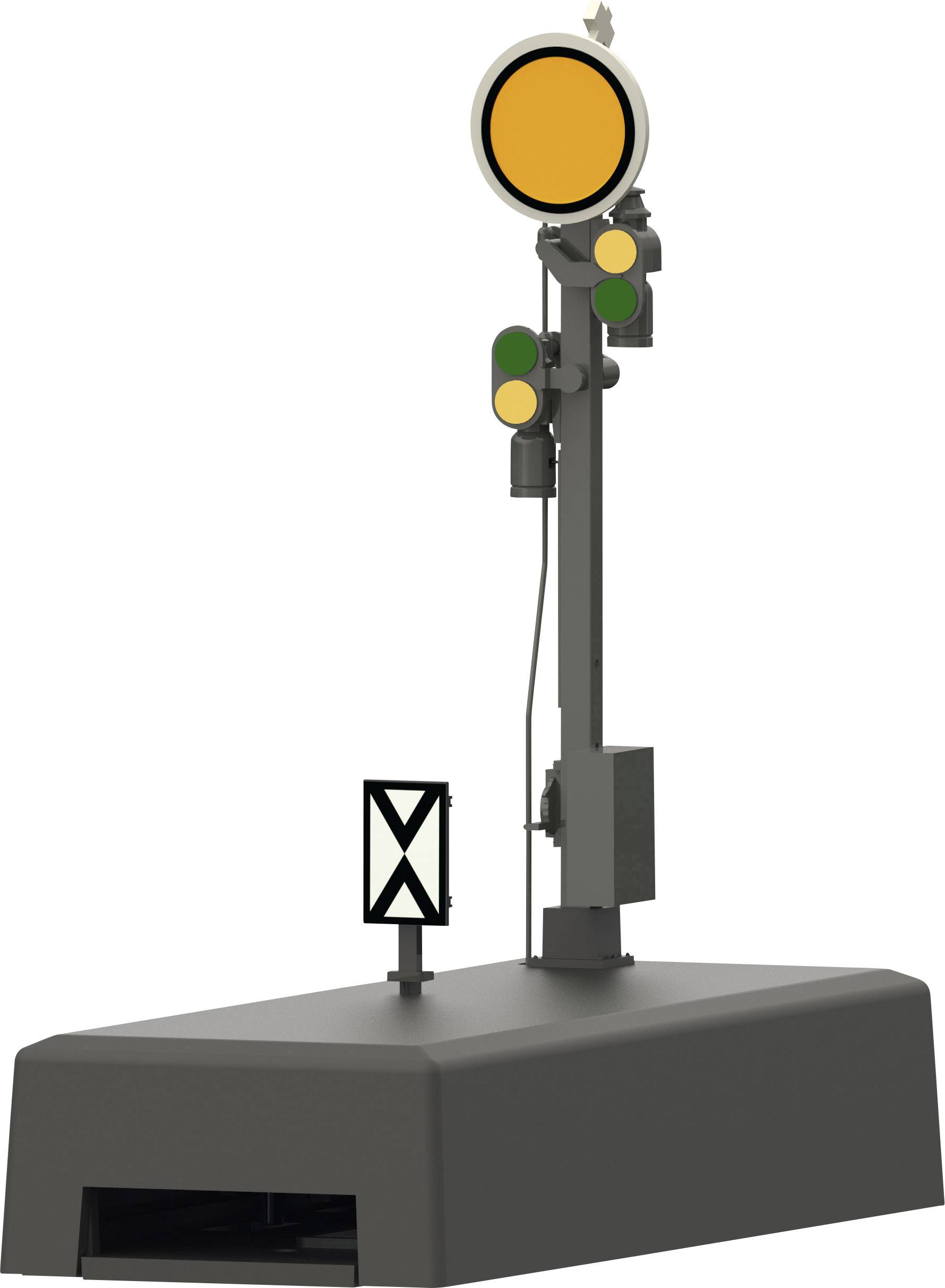 Het beeld toont een spoorwegsein met een geel verlicht licht bovenaan, twee groene lichten en een extra gele lamp eronder. Ook een klein zwart-wit bordsein is zichtbaar.