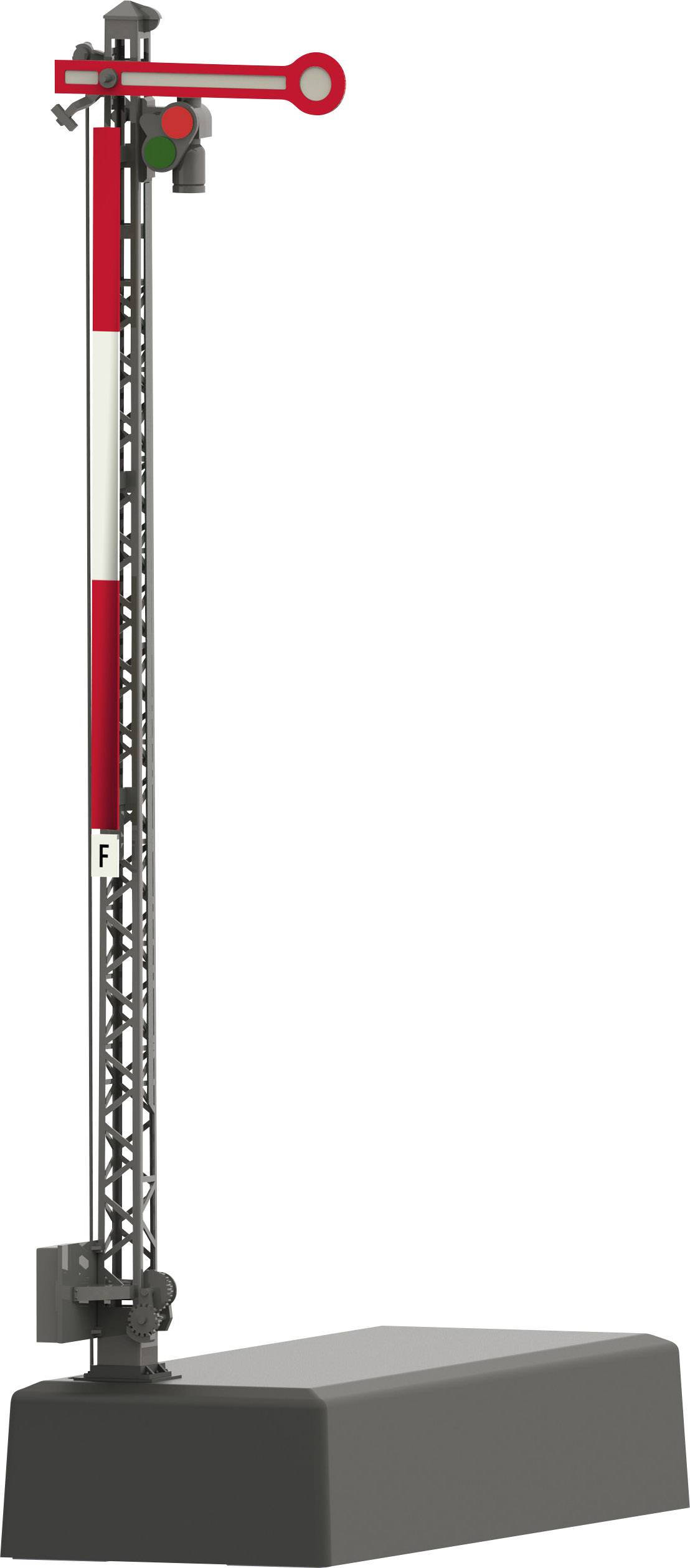 Een mechanisch spoorwegsein met een rood-witte vleugel geeft 'Stop' aan. Het staat op een grijze sokkel.