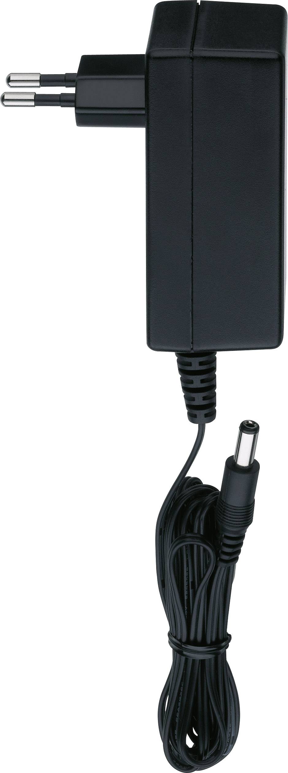 Zwart voedingsadapter met EU-stekker en aangesloten kabel. Geschikt voor elektronische apparaten, draagbaar en veelzijdig inzetbaar.