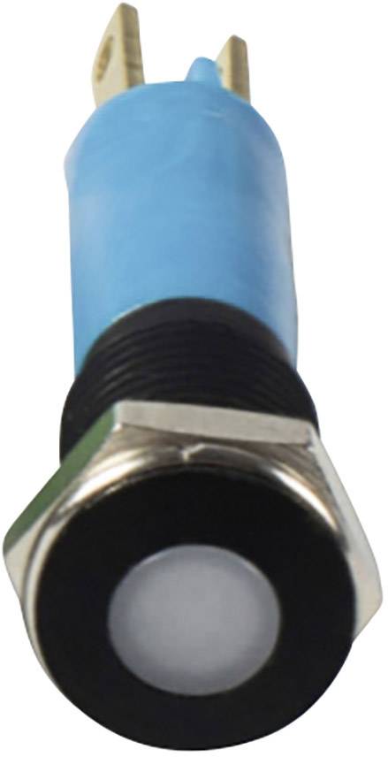 Een ronde, blauwe verlichte drukknop met metalen behuizing en zwarte rand, gezien van voren.