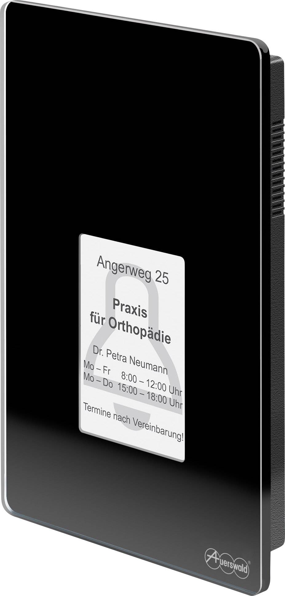 Bord met opschrift 'Praktijk voor Orthopedie, Angenweg 25, Dr. Petra Neumann. Ma-Vr 8-12 uur, Ma-Do 15-18 uur, Afspraken op afspraak'.