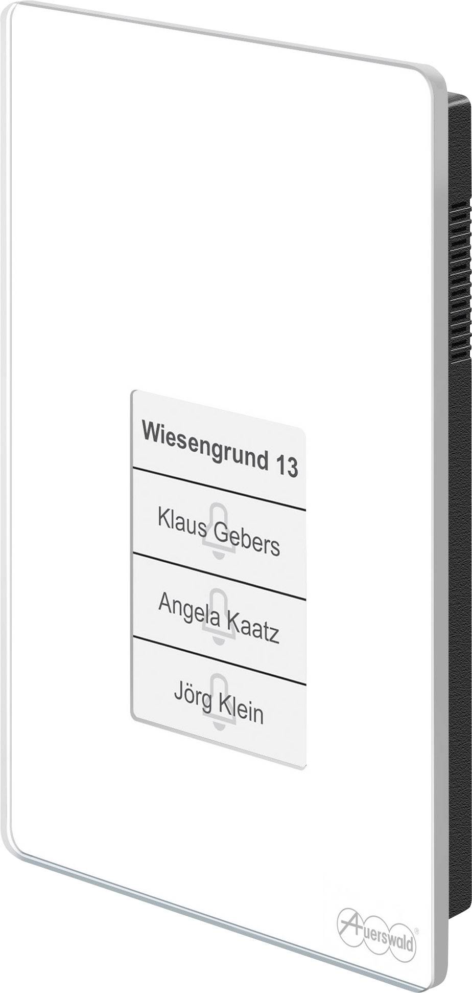 Deurintercom met drie naamplaatjes: 'Klaus Gebers', 'Angela Kaatz', 'Jörg Klein', bovenaan adres 'Wiesengrund 13'.
