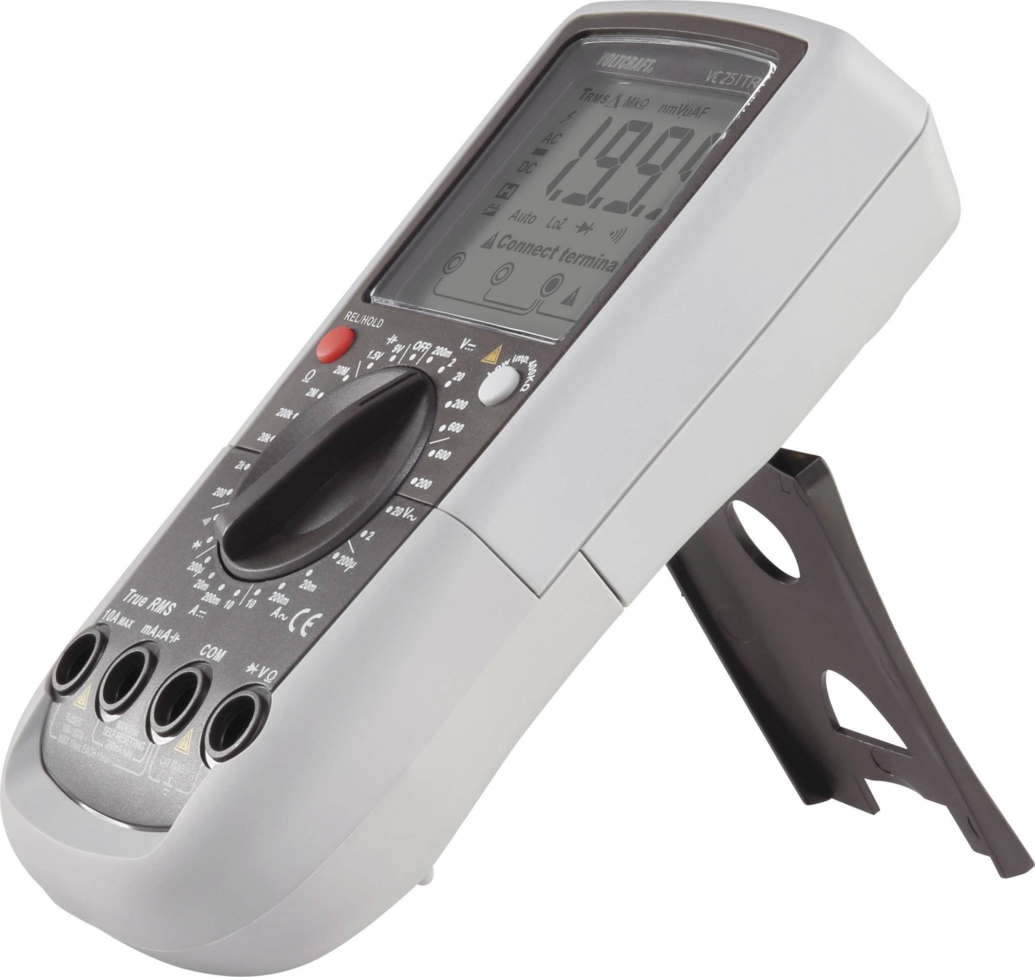 Een digitaal multimeter staat op een standaard. Het display toont '19.91'. Het heeft meerdere aansluitingen en een grote functieselectieknop.