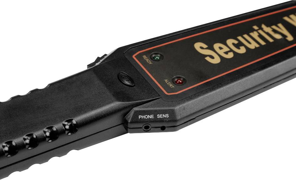 Een handmatige metaaldetector met de opdruk 'Security Wand', twee controlelampjes voor signaal en alarm en een draaiknop voor gevoeligheid.