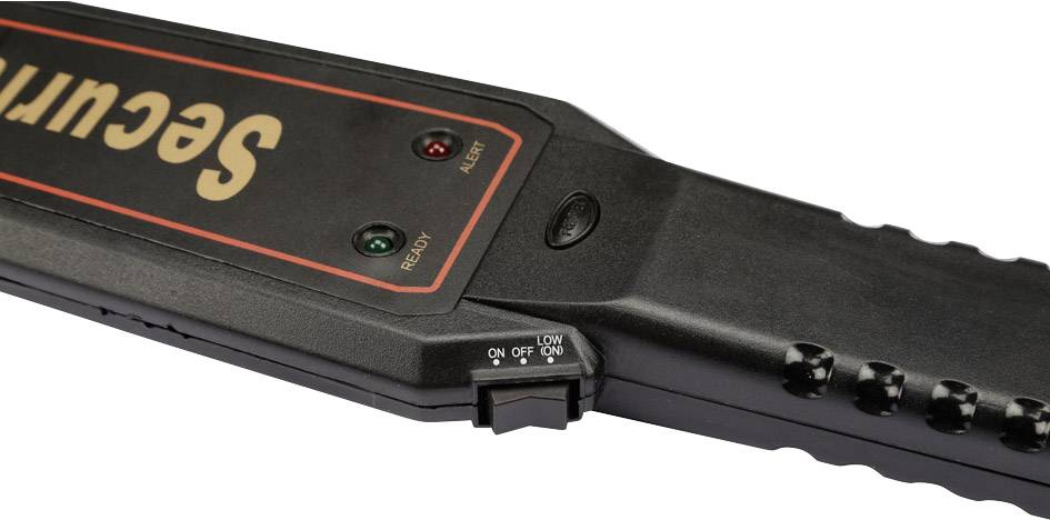 Handmatige metaaldetector met het opschrift 'Security', LED-indicatoren en een aan/uit-schakelaar. Wordt gebruikt voor veiligheidscontroles.