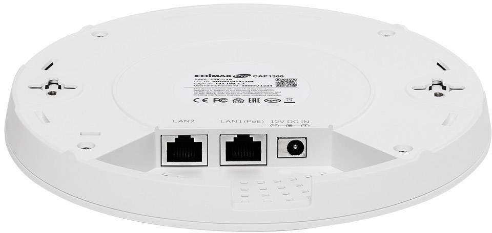 Achterkant van een ronde wifi-access point met twee LAN-aansluitingen en een stroomaansluitpunt, etiket met modelinformatie.