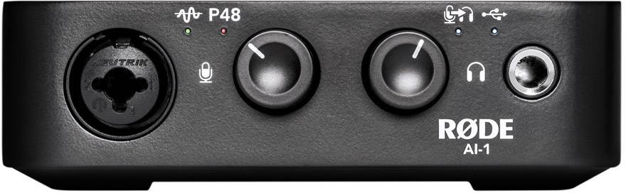 Audio-interface met twee regelaars, twee knoppen met LED's gemarkeerd als 'P48' en 'Monitor', Rode-logo en modelnummer 'AI-1'.