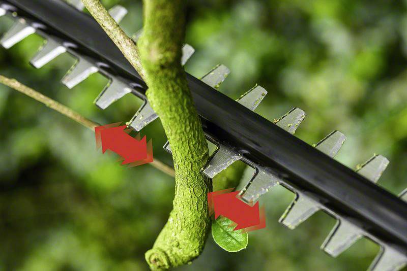 Close-up van een elektrische heggenschaar die een tak aan het knippen is. De achtergrond is een groene, onscherpe tuin.