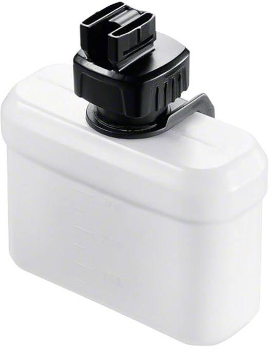 Plastic container met zwarte dop, maatschaal zichtbaar aan de zijkant. Geschikt voor vloeistofopslag of dosering.