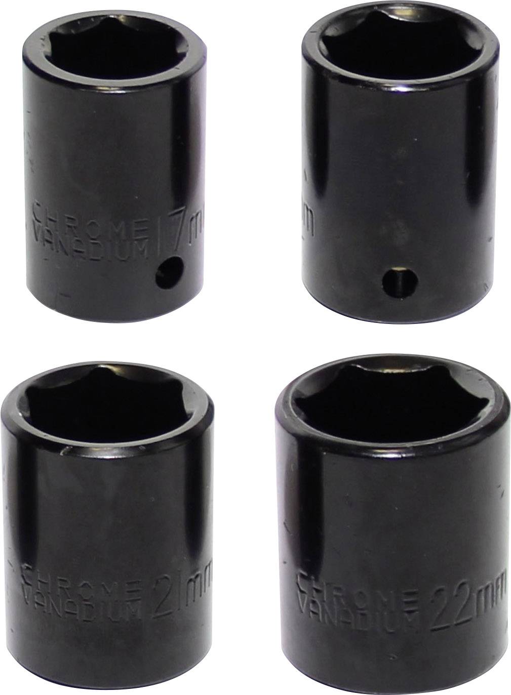 Vier zwarte steeksleutels, elk met de maataanduidingen '7 mm' en '22 mm' op het oppervlak gestanst.