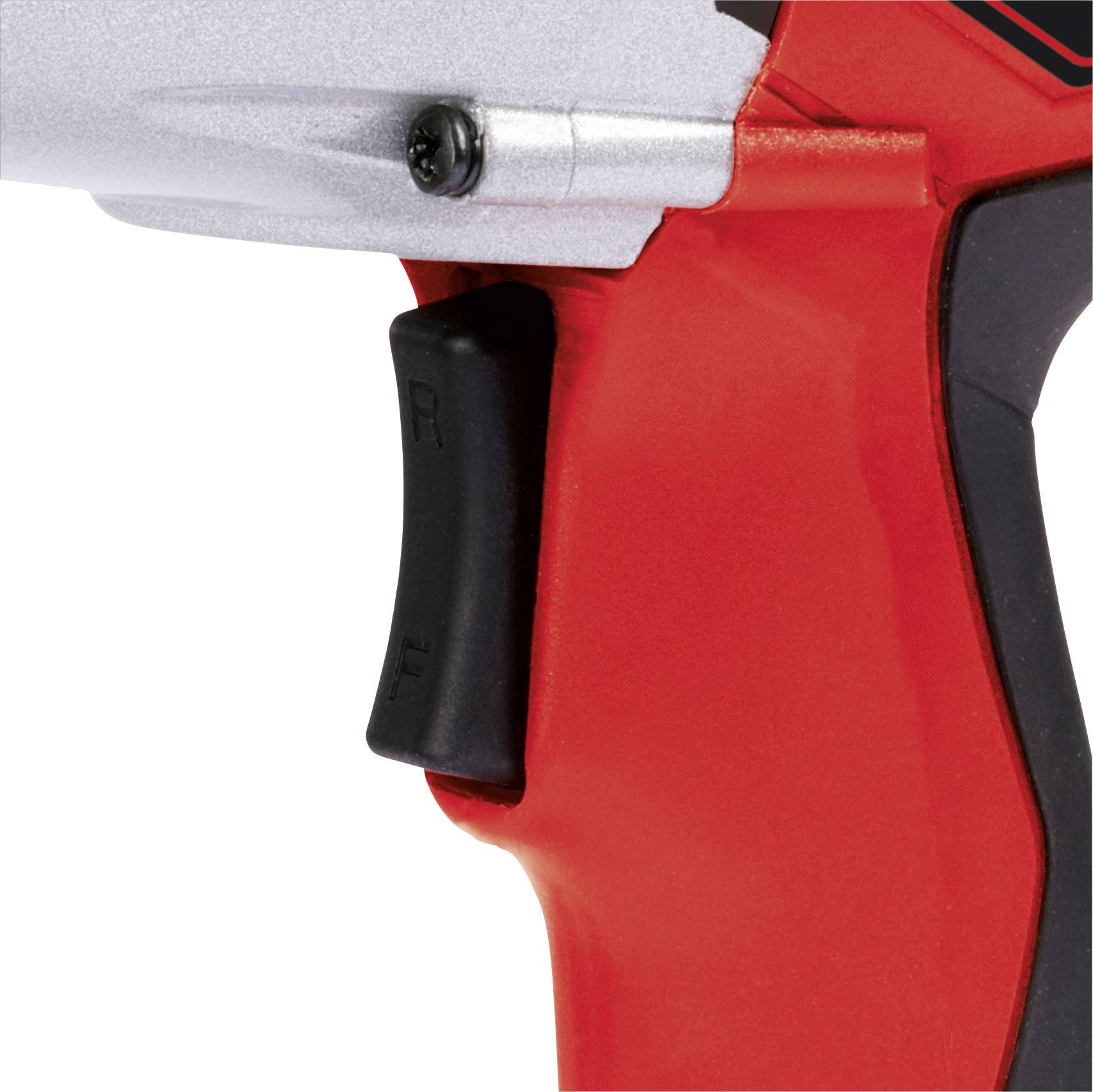 Een rode accuboormachine met een zwarte handgreep en een zilveren boorkop is van dichtbij te zien.