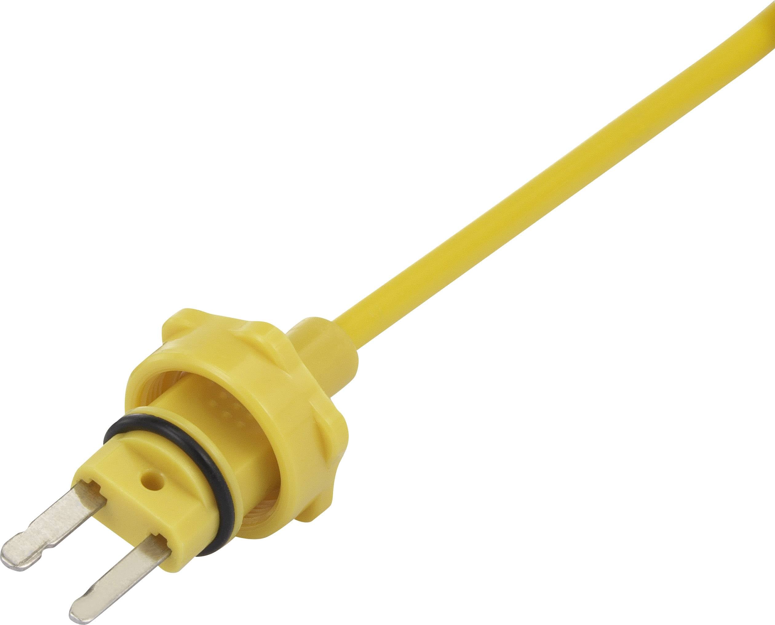 Geel elektrisch kabel met tweepolige stekker, geschikt voor buitengebruik of robuuste omgevingen.