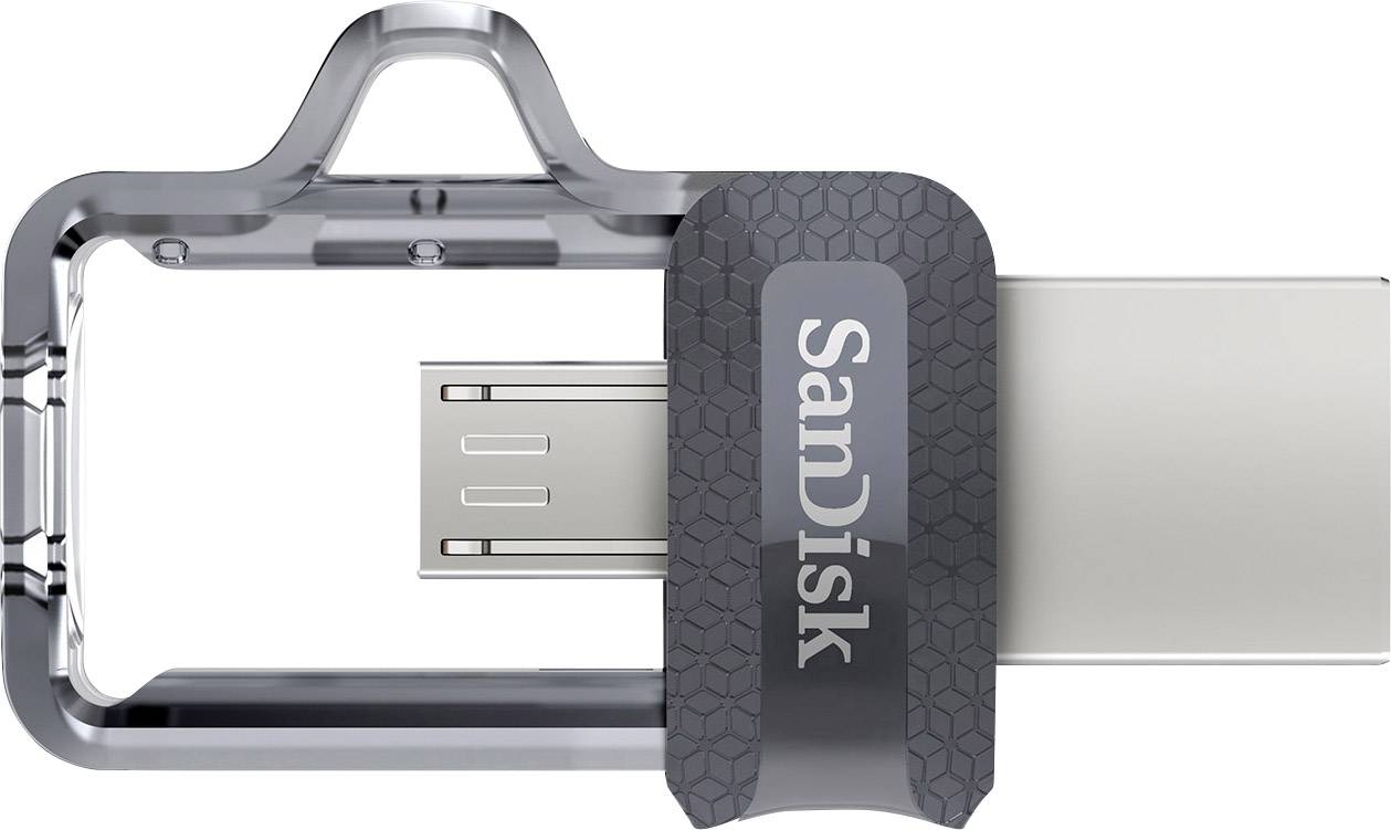Een SanDisk USB-stick met draaibare dop, gedeeltelijk geopend en zilverkleurig.