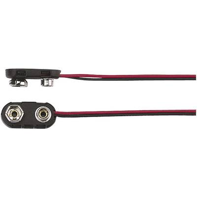 Een 9-volt-batterijclip met twee parallel liggende metalen aansluitingen en twee kabels, een rode en een zwarte, die dienen voor de stroomvoorziening.
