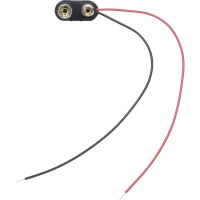 Batterijclip met twee kabels, één rode en één zwarte, voor aansluiting op een 9-volt-blok.