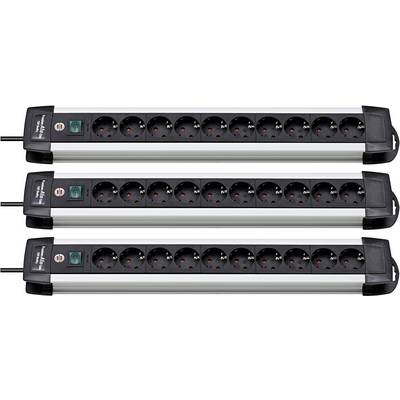 Drie zwarte stekkerdozen met elk tien stopcontacten en een aan/uit-schakelaar.
